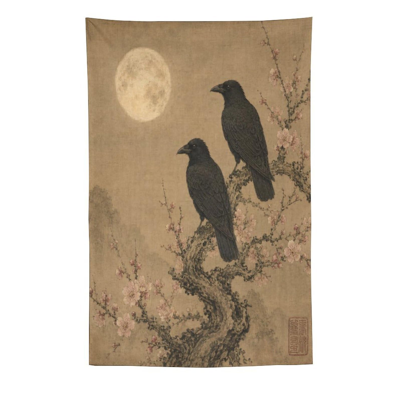 W7C8U2X3 Two Ravens on Moonlit Branch Wall Tapestry, Asian Ink, Entryway