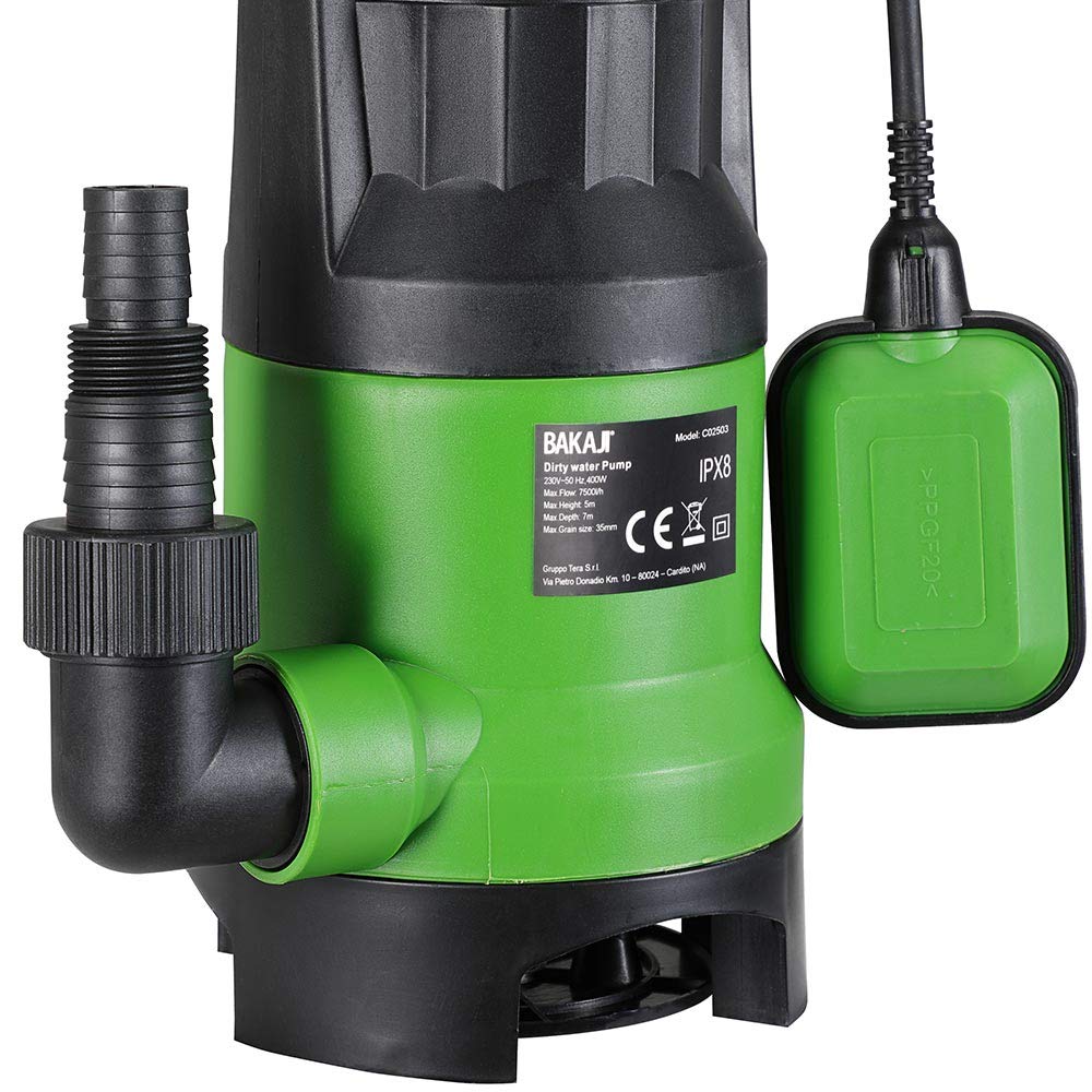 Bakaji Pompa Immersione Elettropompa Sommersa Acque Scure Sporche Potenza 400 W Portata 7000L/h Profondità Massima 7 Metri con Fondo Piatto Maniglia per il Trasporto e Cavo 10 metri (7000 Litri/h)