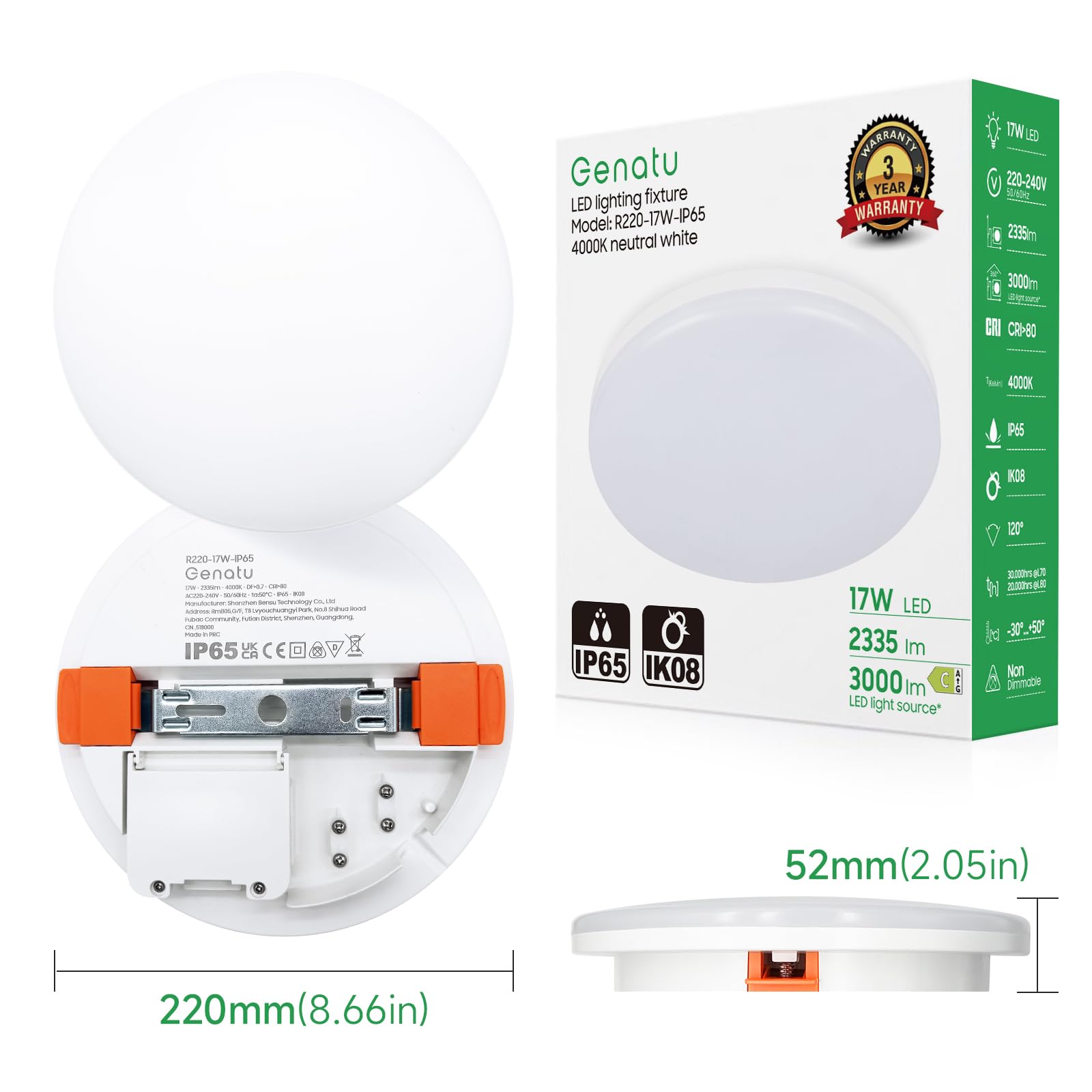 Pack 2 Plafoniera LED Soffitto Baño IP65, 17W 2335lm (150W), Blanco Neutro 4000K, Redondo 22cm - Resistente a Humedad