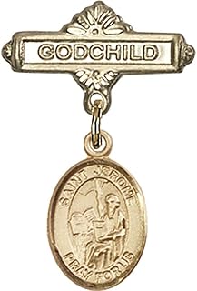 Gold Filled Baby Badge with St. Jerome Charm and Godchild Badge Pin 1 X 5/8 inches