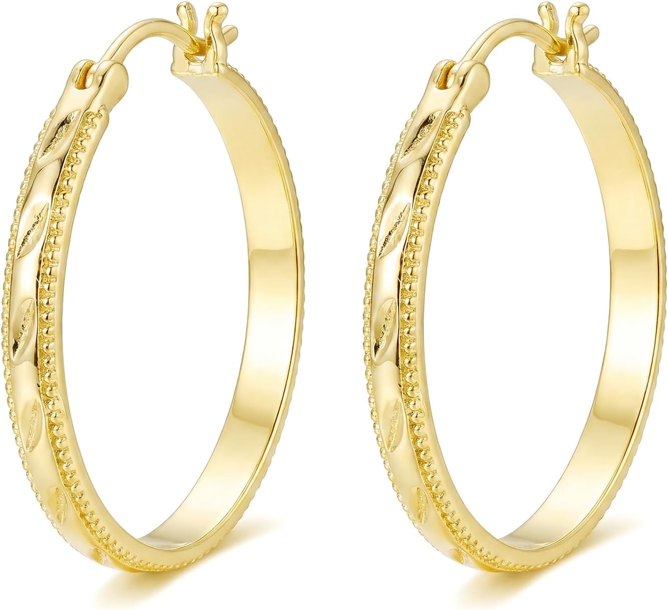 14k Yellow Gold Hoop Earrings for Women, Leaf-Engraved Huggie Hoops with Beaded Edge & Smooth Inner, Hypoallergenic Textured Jewelry Gift 20/25/30mm