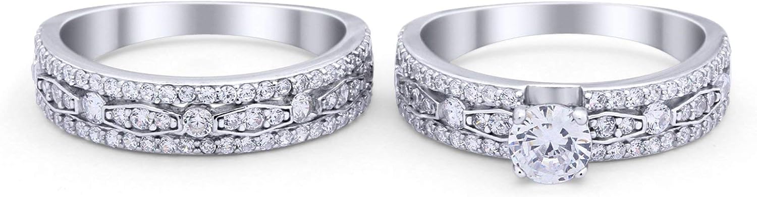 Blue Apple Co. Art Deco Two Piece Bridal Set Wedding Engagement Ring Vintage Style Band Round Simulated Cubic Zirconia 925 Sterling Silver