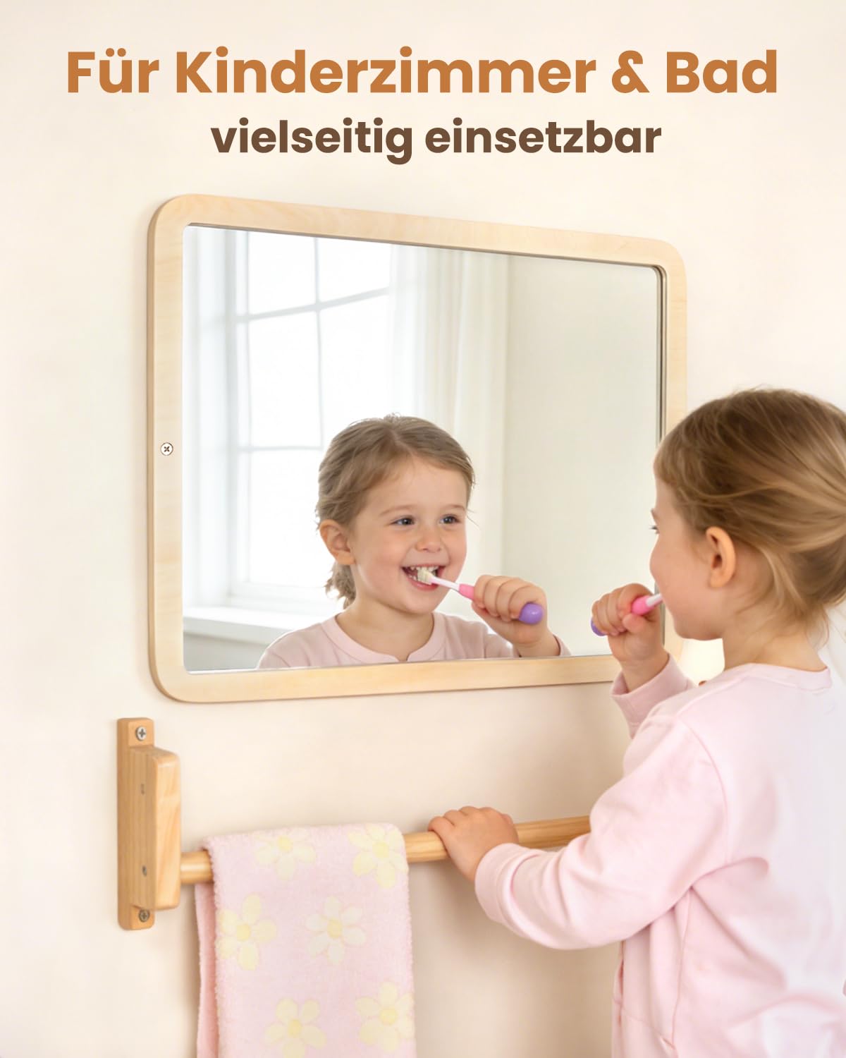 Montessori Espejo con barra – Espejo de madera ajustable en altura para aprender a montar y aprender a caminar – Espejo de pared seguro con barra antigiro para niños de 6 a 18 meses, promoción