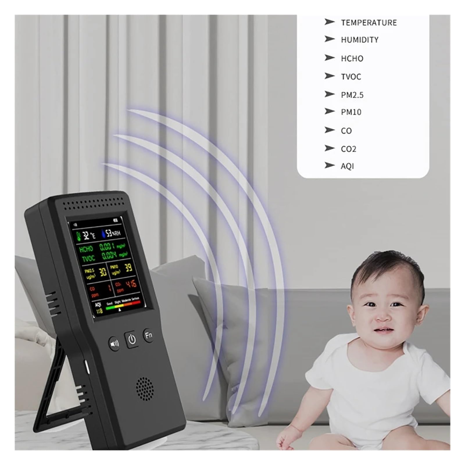 Détecteur de gaz, Détecteur de qualité l'air Portable 9 en 1 PM2.5, Moniteur température et d'humidité, écran LCD(Blanc)