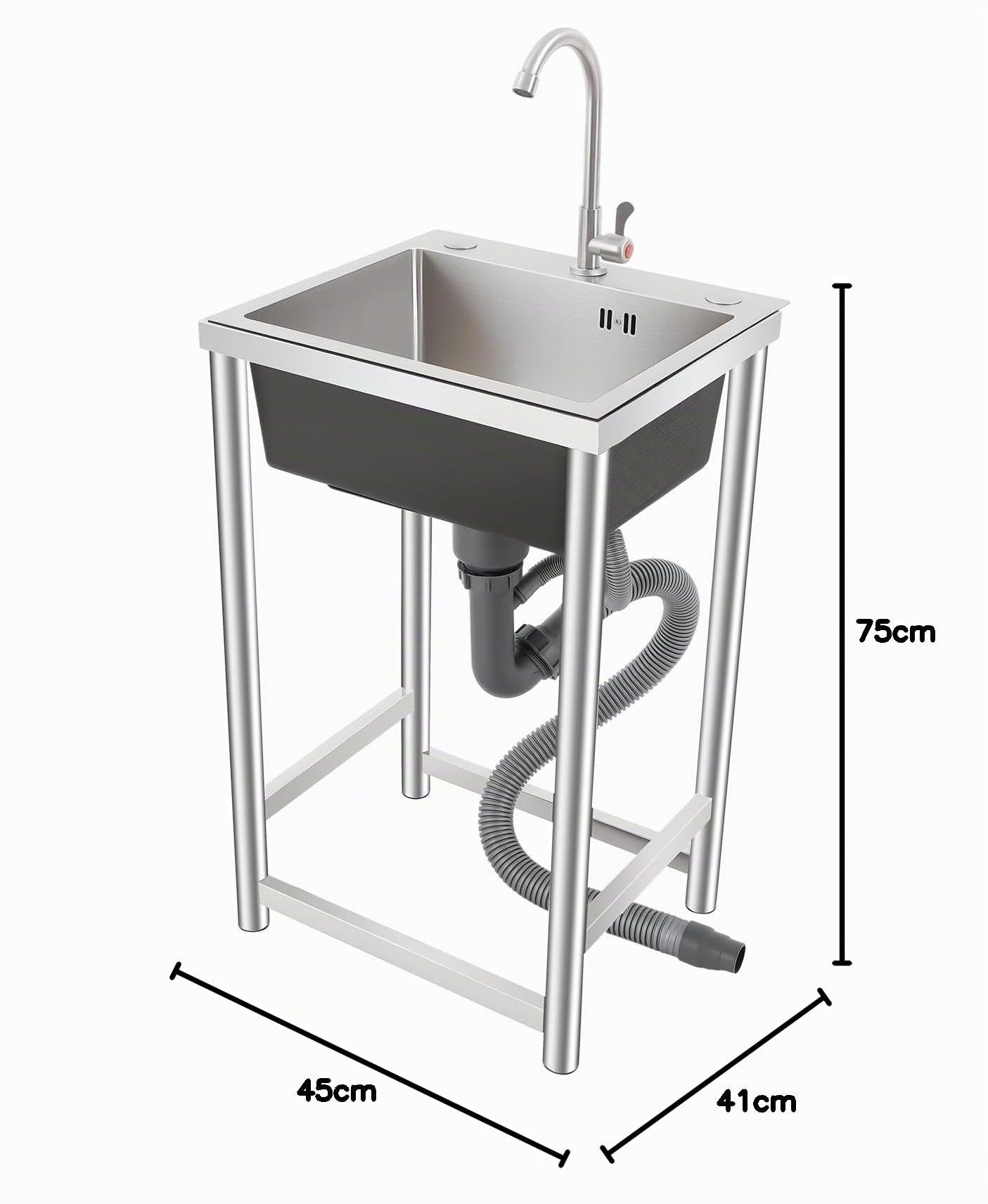 Fregadero independiente de acero inoxidable, fregadero de cocina de 1 cuenco con grifo para cocina, baño, comercio, 45 x 41 x 75 cm