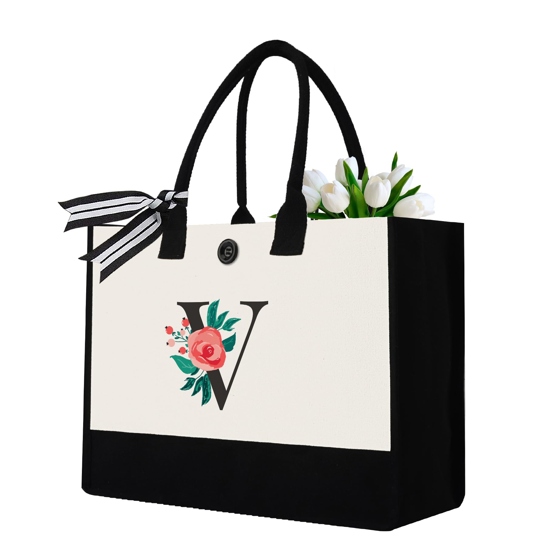 Binggemen Initial Canvas Tote Bag, Personalized Birthday Gifts for Women Mom Friends Teachers, Monogrammed Tote Bags Suitable for Valentine's Day