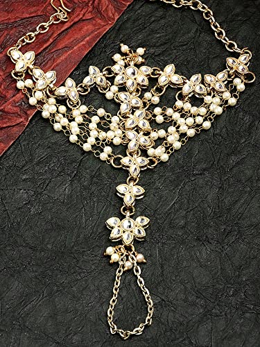 Image of Karatcart Gold Plated Baby Pink Pearl Chain Kundan Hathphool