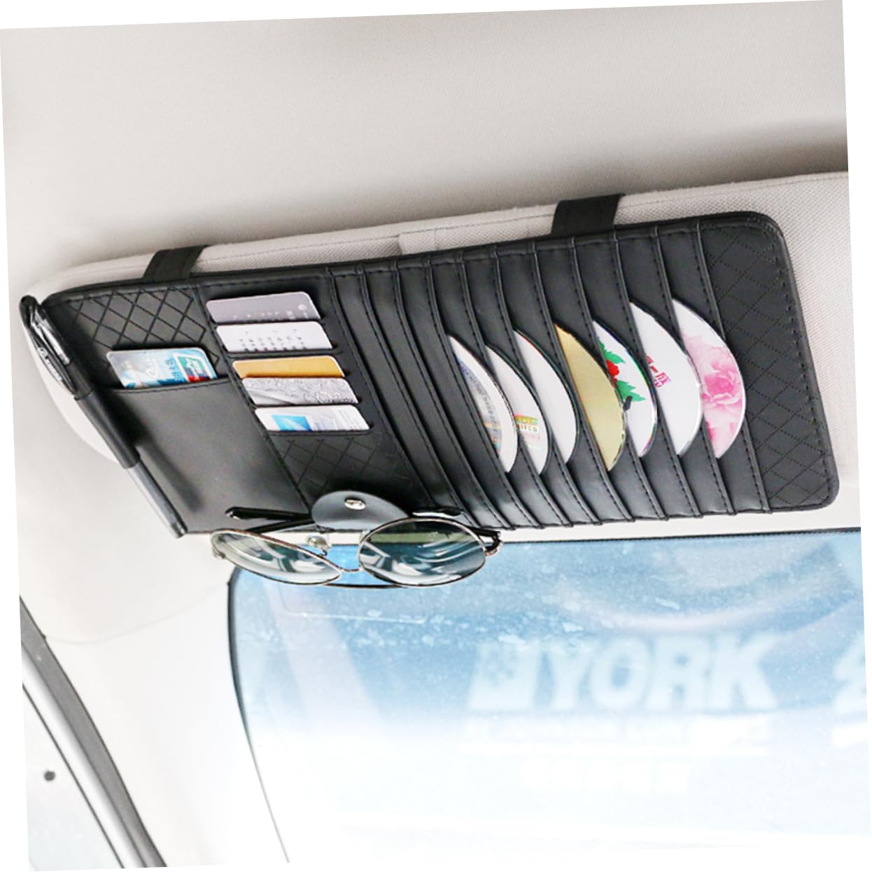 SHERCHPRY 2piezas Organizador Multifuncional De Cuero para Visera Solar Bolsa De Almacenamiento para Vehículo Soporte para CD Bolígrafos y Tarjetas Negro