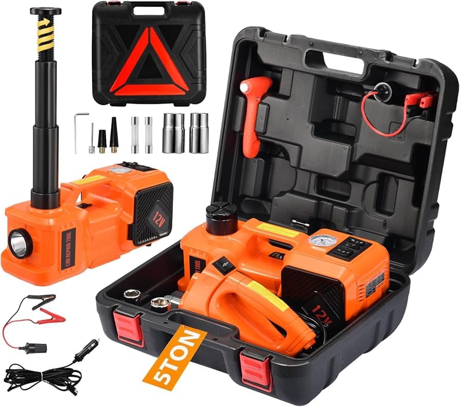 MONSTECH 12V Electric Car Jack, 5 Ton/11023 LBS Hydraulic Jack Lift with Electric Impact Wrench, Built-in Inflatable Pump, and LED Light for SUV MPV S