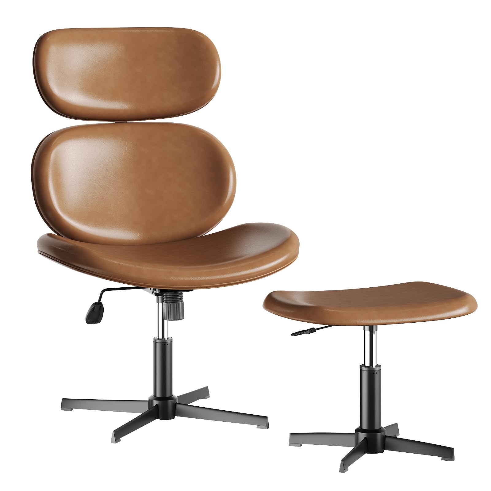 Bestier Swivel Modern Chair with Ottoman No Wheels, PU Criss Cross Reading Chair with Extended Headrest & Adjustable Seat, Modern Armless Ergonomic Chair for Living Room, Brown