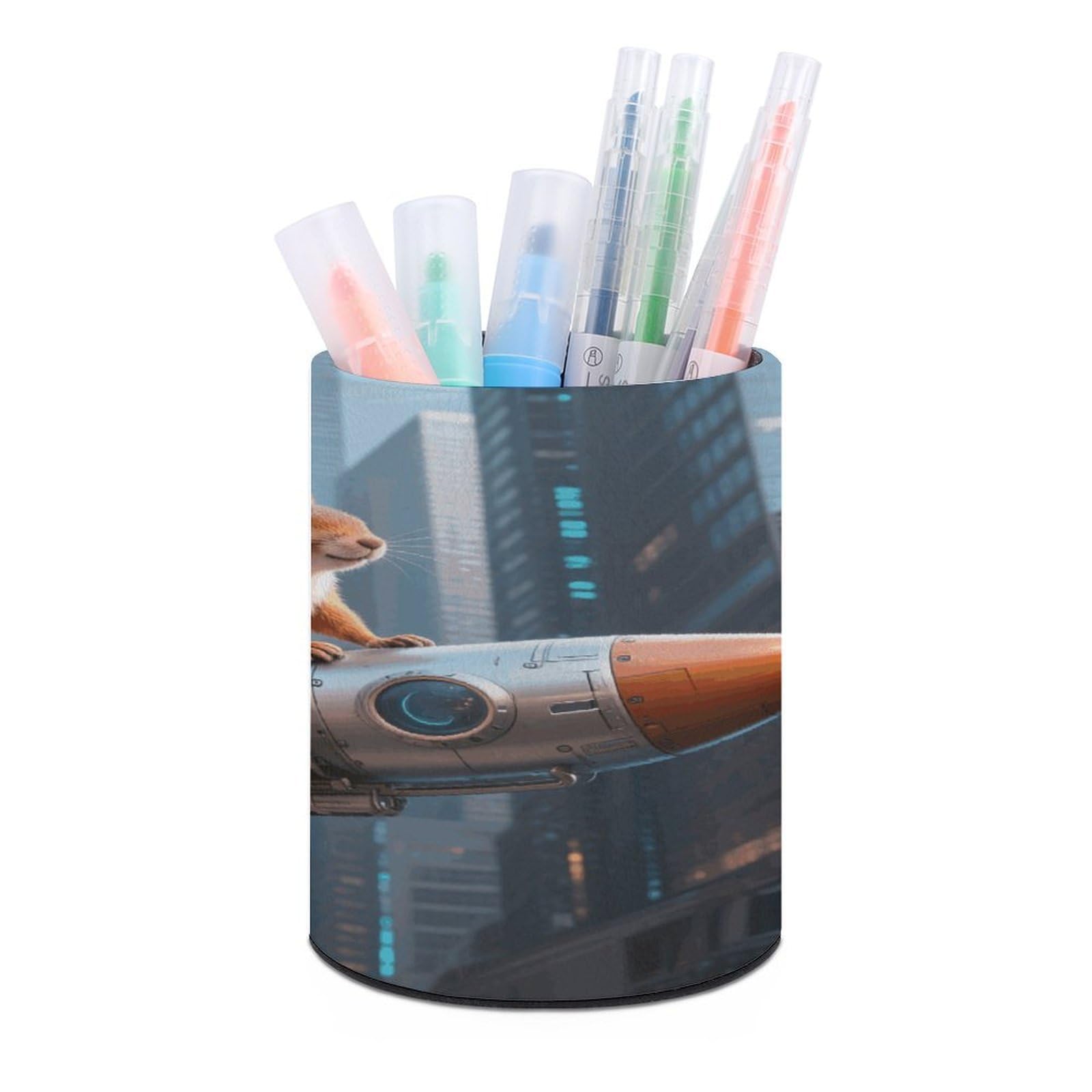 VstaDank Rocket Squirrel Pencil Holder Round Pencil Holder PU Leather Desk Organizer Stand for Desk Desk Office Home Decor (3.1x3.9
