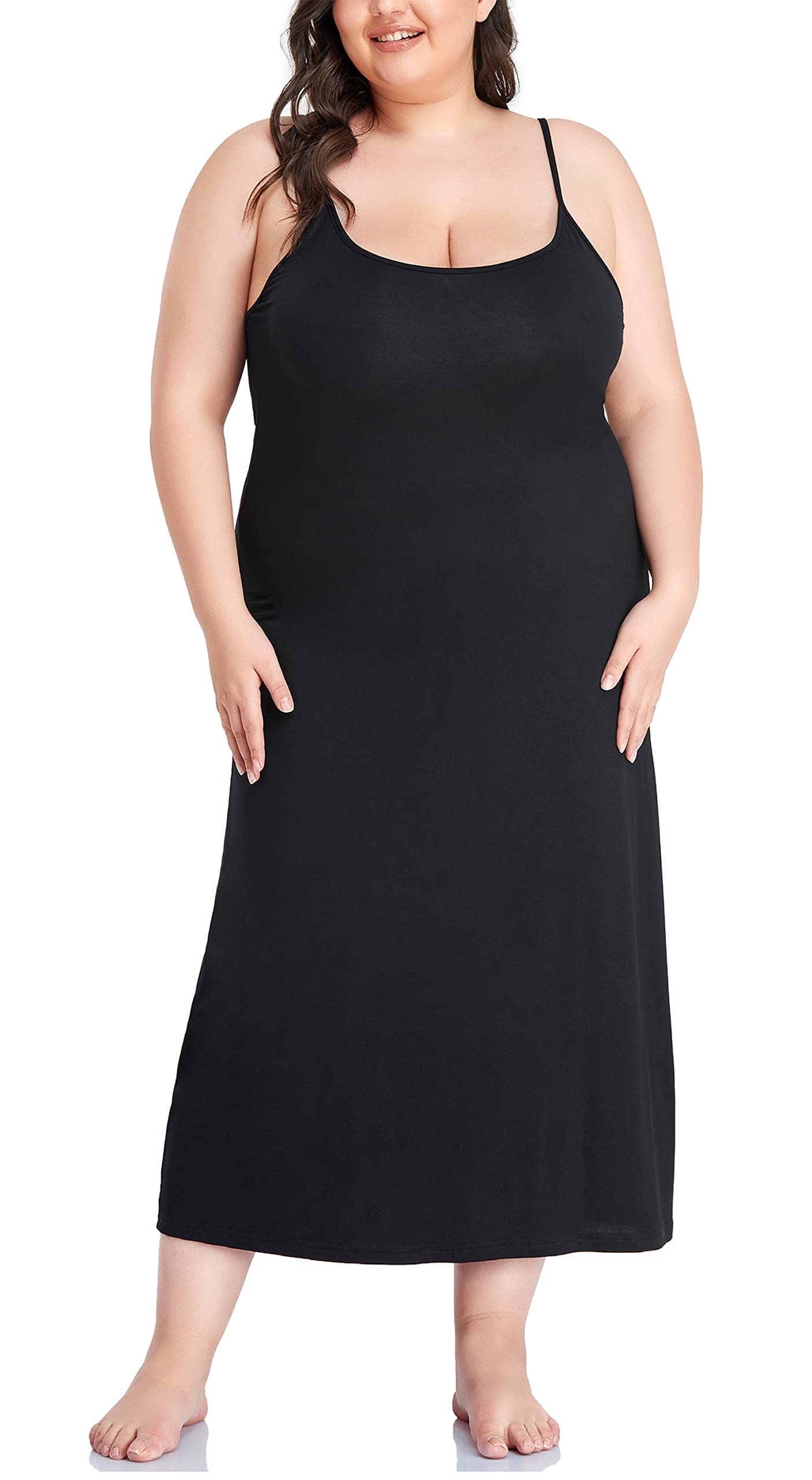 Papicutew Women's Full Slip for Under Dresses Plus Size Long Nightgown Cami Dress (26 Plus, Black)