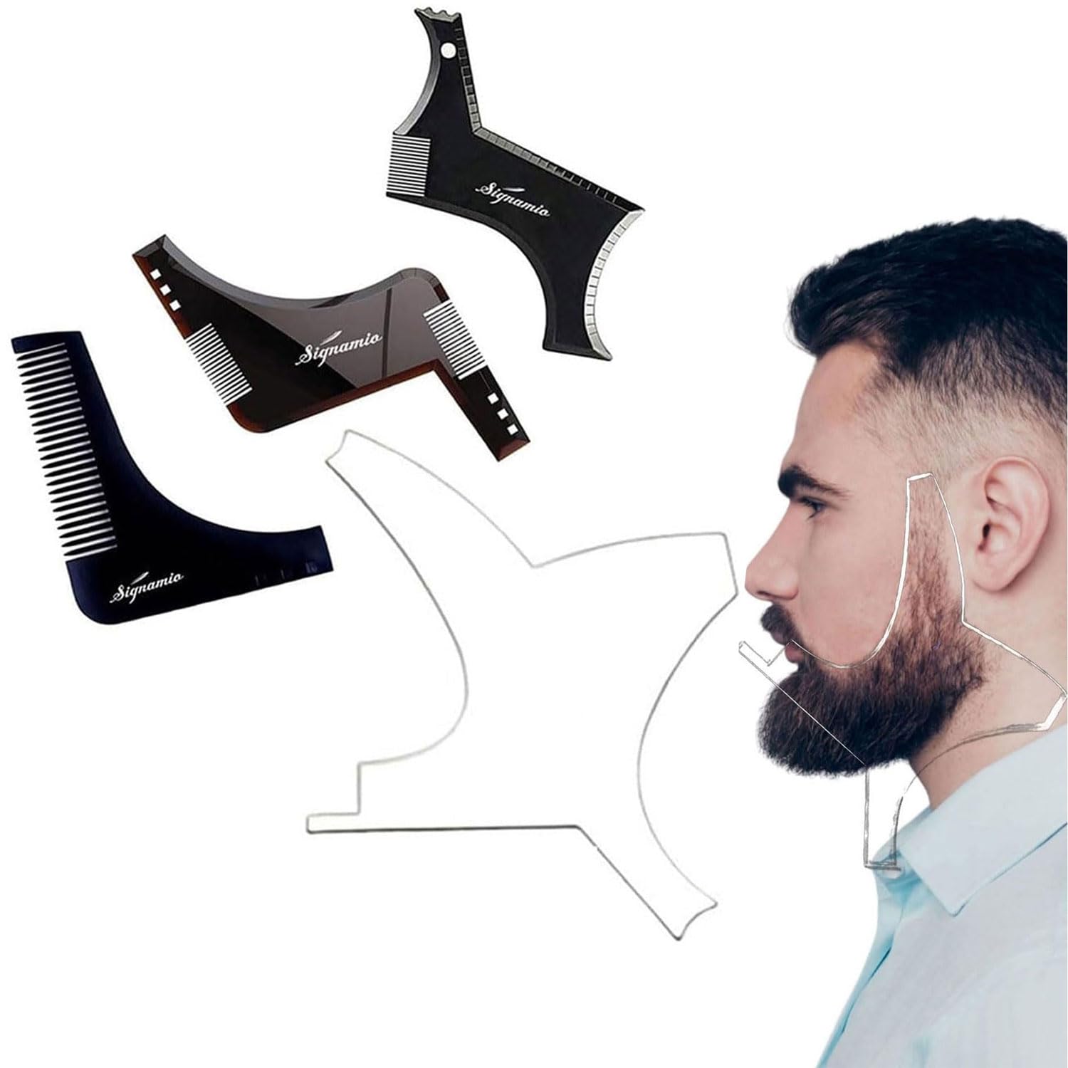 SIGNAMIO Set of 4 Multi Purpose Black/Transparent Beard Shaper tool for Men | Beard Shaping Stencil Comb for men styling shave for neck line guide - Grooming kit
