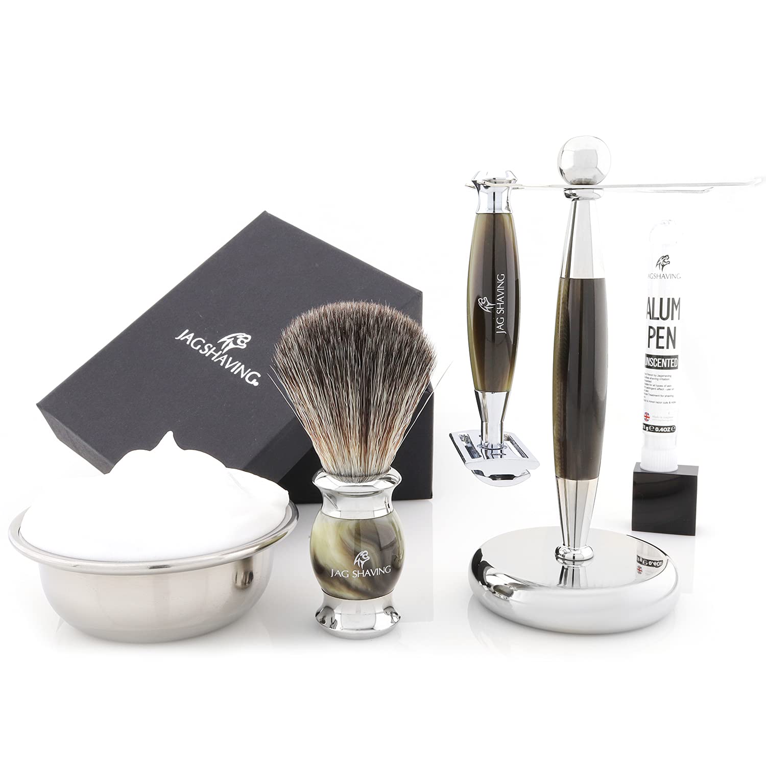 Jag Shaving zestaw do golenia - 4-częściowy zestaw do golenia - Jag's Lee Range - syntetyczne włosie - podwójne ostrza do golenia - stojak do golenia - kolor zielony