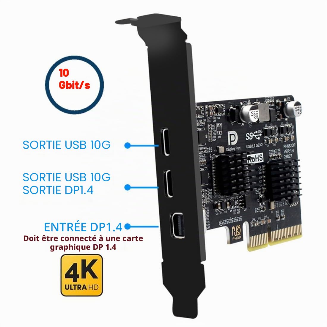 chenyang 2 ports PCI-E 3.0 4X et Mini DisplayPort vers 2 USB C Vidéo Carte d'extension Graphique Prend en charge USB 3.2 10 Gbit/s Transfert de données DP1.4 Sortie vidéo
