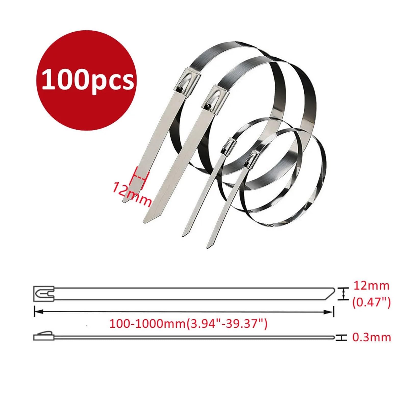 100 pz 12mm 304 fascette metalliche in acciaio inossidabile fascette autobloccanti fascetta multiuso per avvolgimento di scarico(12x500mm)