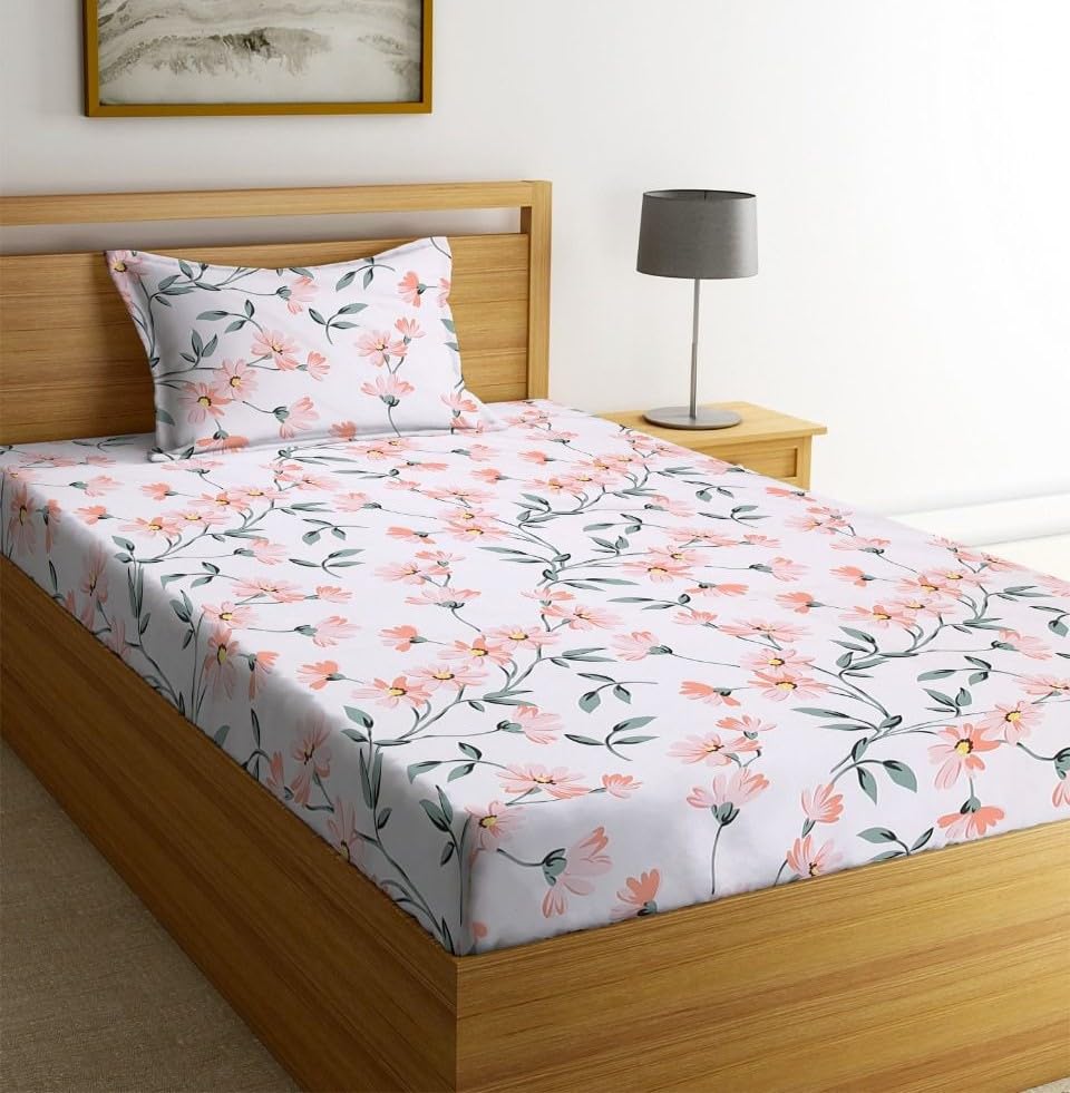 Image of NEW LEAF Glace Cotton 200 TC Flat Single Bedsheets for Summer Breathable | Wrinklefree (Size-60 X 90 Inch) with 1 Pillow Covers (Size-17 X 27 Inches, Floral, Off White Pink)