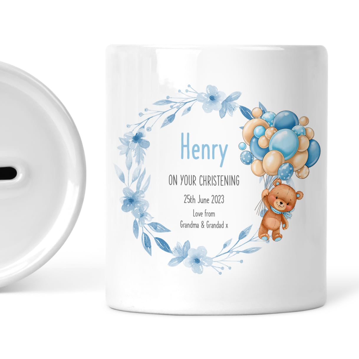 Personalised Christening Money Box for Boy - Blue Teddy - Baptism Keepsake Ceramic Piggy Bank — image 1