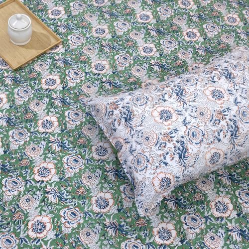 Image of TOAI Hand Block Printed Bedsheet | Bed Sheet Flatsheet| Pure Cotton | Single Bed Size 60 inchx90 inch | 300 TC Long Staple Cotton | 1 Reversible Pillow Cover |Messy Garden