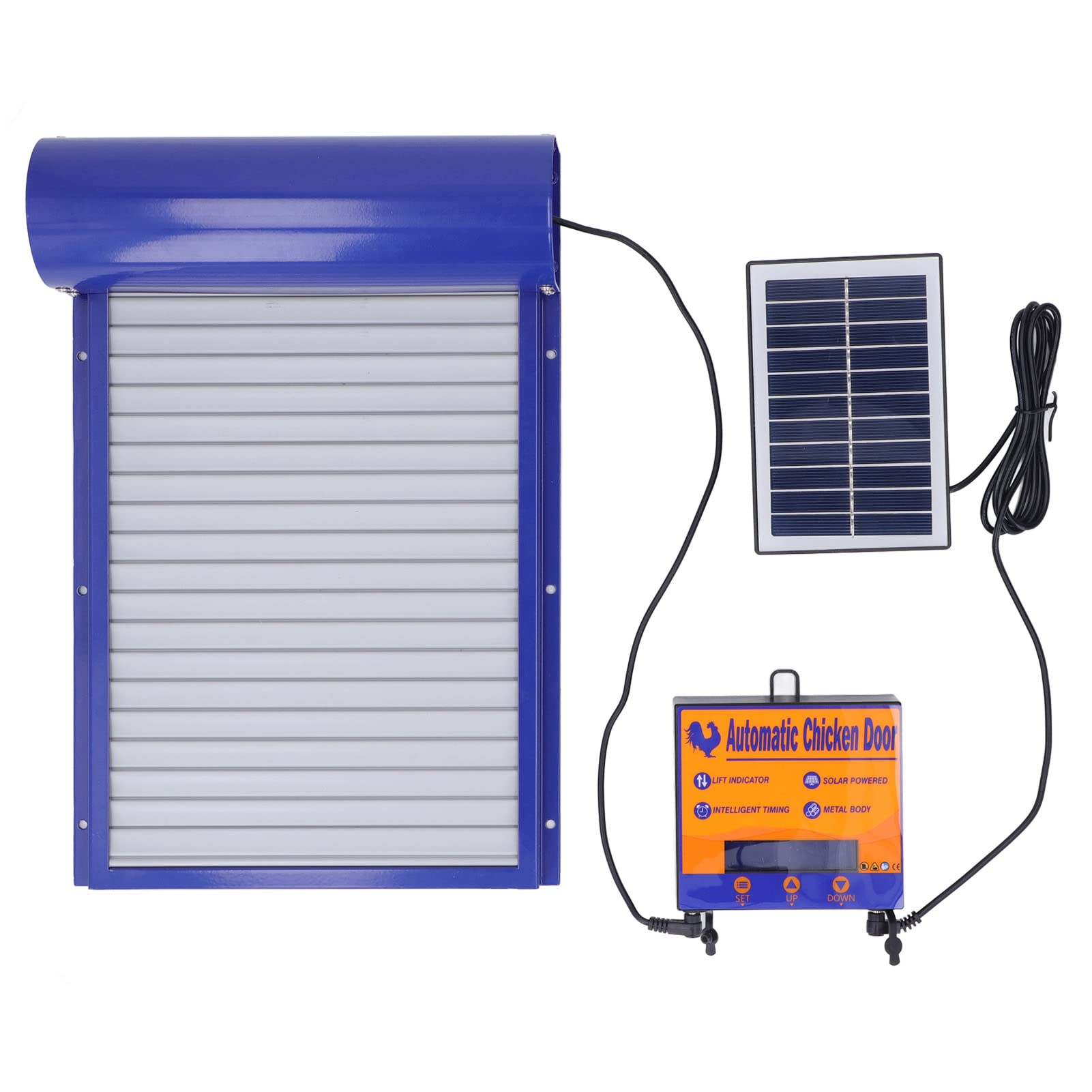 Automatic Chicken Coop Door Solar Powered, Auto Chicken Door with Timer, Aluminum Door, Chicken Coop Door Opener Model, LED Display, Programmable Buttons, Multi Modes, Blue