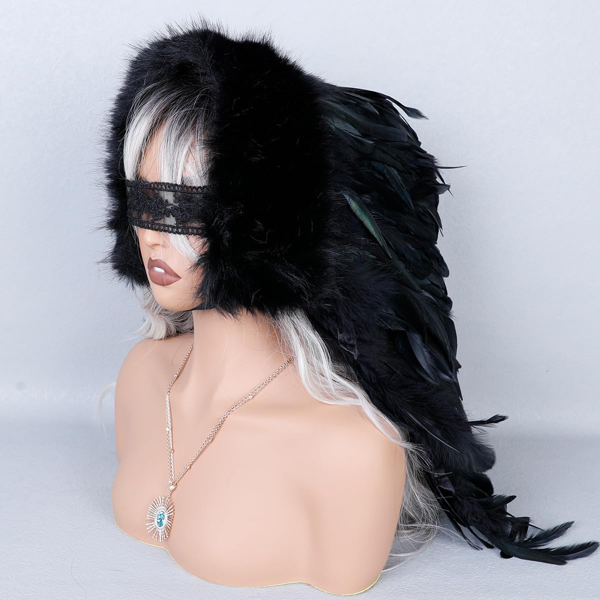Black Feather Hood Headpiece – Handmade Costume Hood with Faux Fur Trim, Festival Party and Stage Performance Accessory