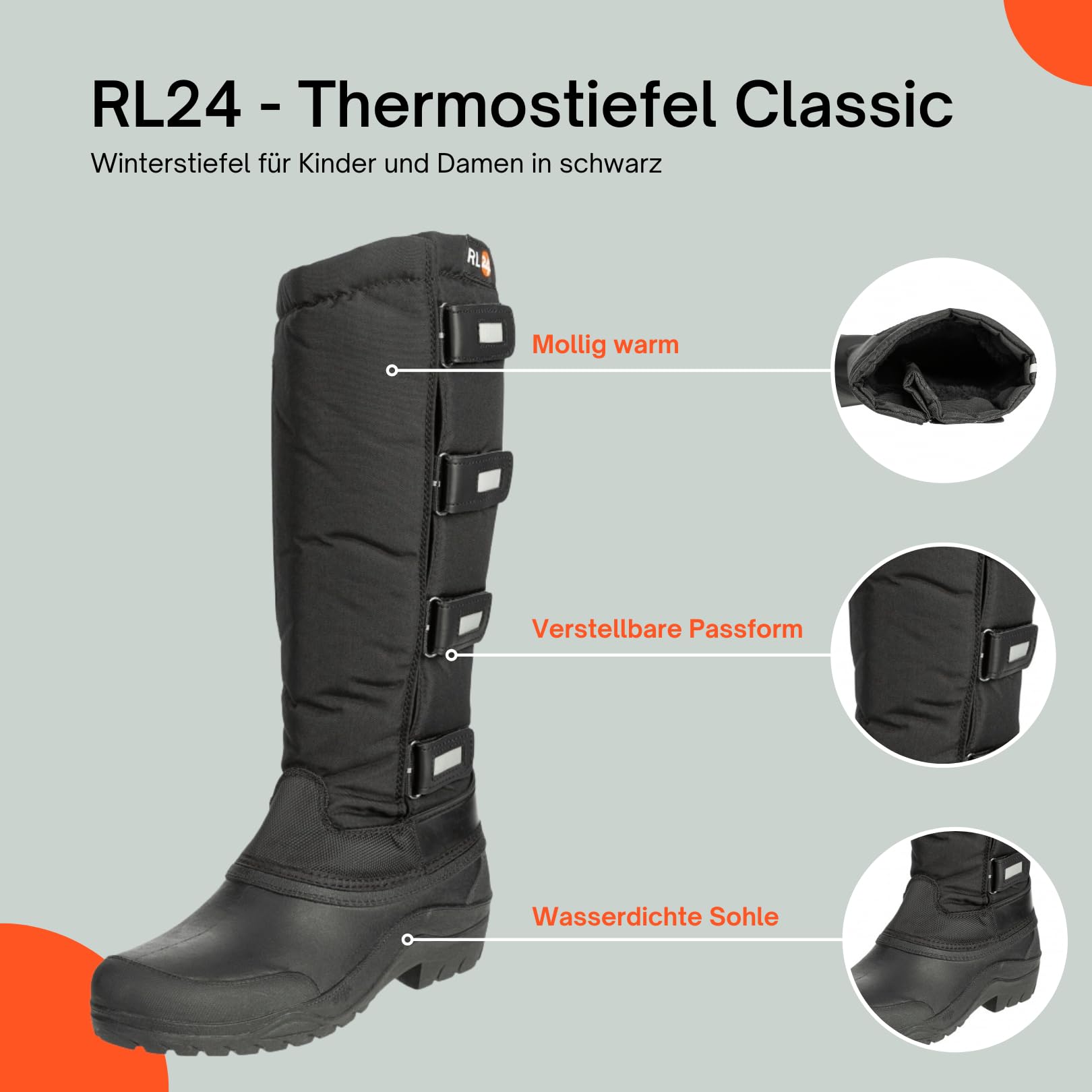 RL24 - Kinder & Damen Thermostiefel Classic schwarz | wasserdichte Winterstiefel | mit Klettverschlüssen für verstellbare Wadenbreite | gefütterte Schneestiefel | Reitstiefel in Größen 31-45