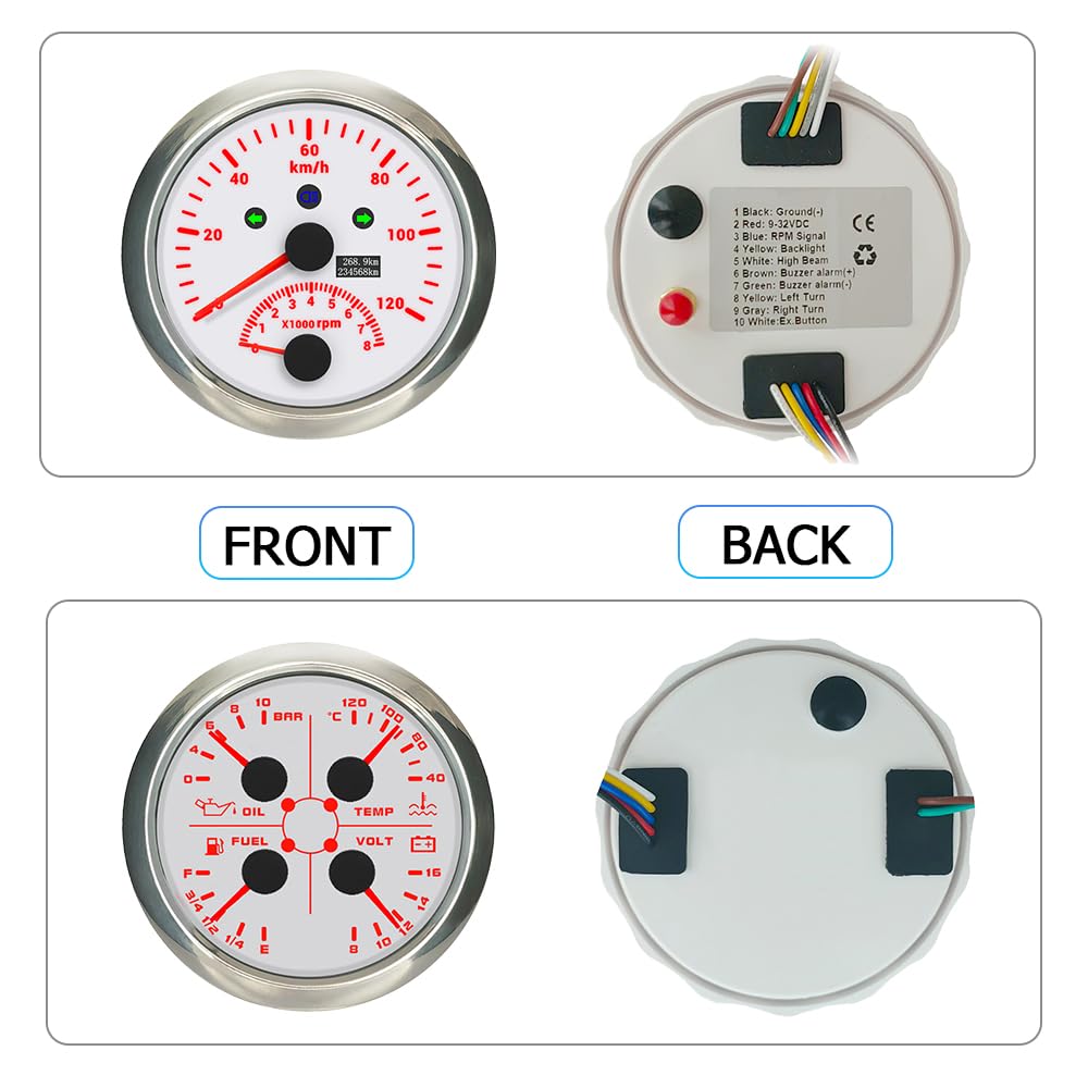 ELING - Compteur GPS 85 Mm 2-en-1 200 Km/h + Compte-tours + Pression Huile + Temp. Eau + Carburant, Multifonction IP67
