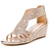 Gufobela Women Wedge Sandals Sparkly Rhinestone Open Toe Fashion Dressy Sandals Women Bling Sandals Bridesmaid Shoe Evening Wedding Prom Shoes (1121 Champagne 8)