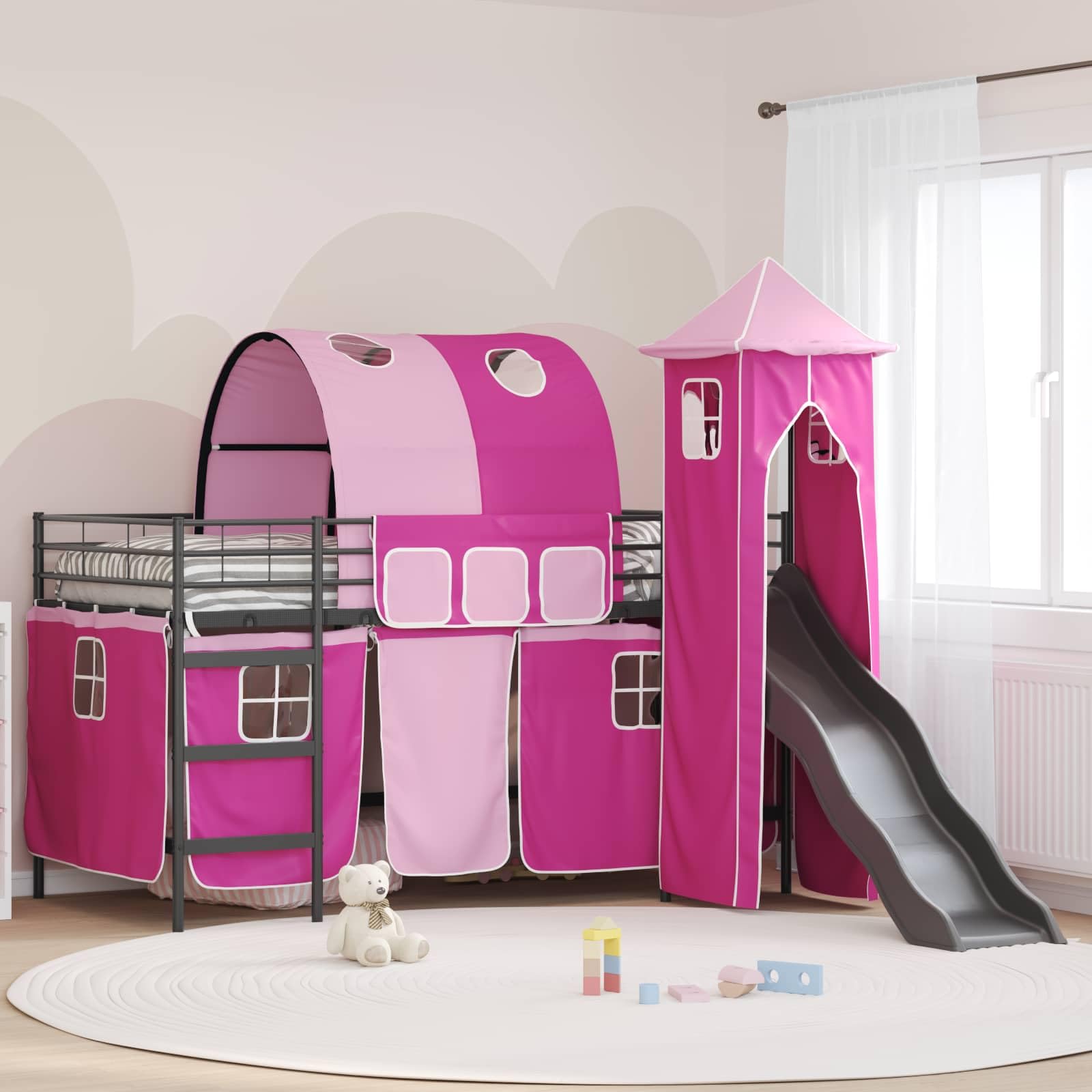 Kinderloftbett Metallbett Schwarz und Pink 80 x 200 cm mit Lattenrost und Matratze, Hochbett mit Vorhängen, Rutsche und Turm für Kinderzimmer, stabiles Bettgestell für Jugendzimmer