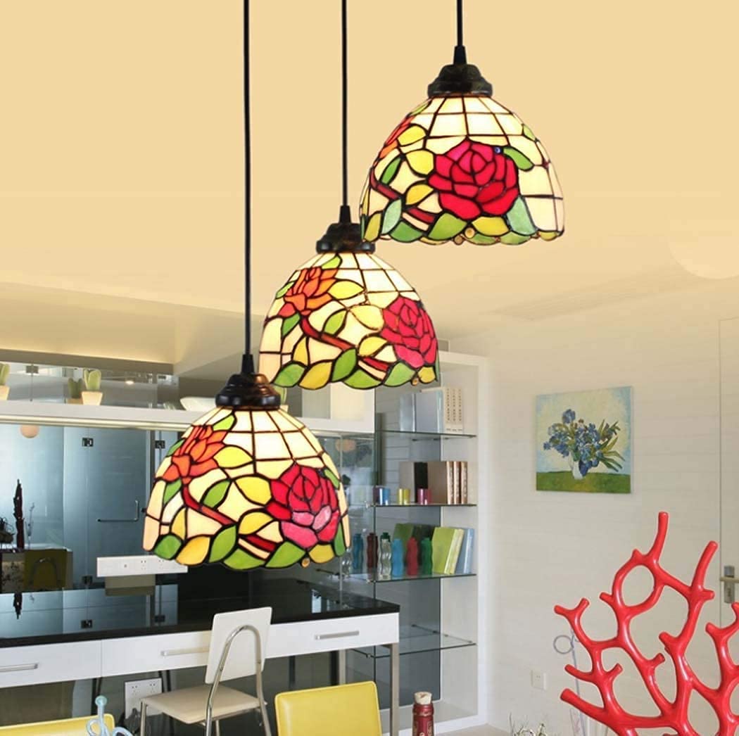 METTEOR Pastoral Rose Multi-Head Art Chandelier In Tiffany Style Stained Glass Ceiling Pendant Lamp Light,E27,For Living Room Bedroom Dining Room Ki (B)
