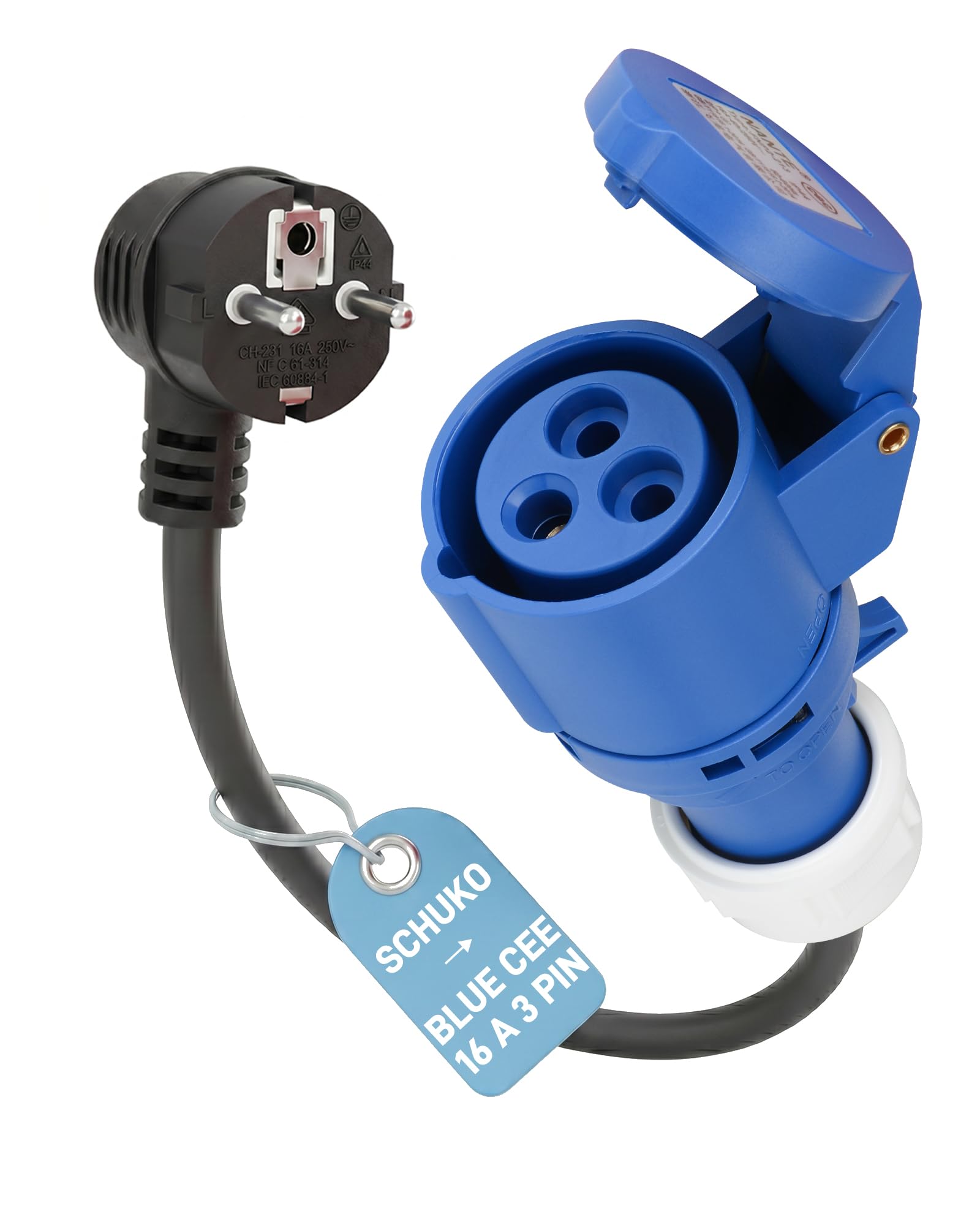 Adaptateur CEE (Fiche Schuko Mâle vers Prise Femelle CEE P17 Bleue 16 A, 3 Pôles) | Câble Adaptateur 3G2,5 mm², 0,5 m / 230 V/Max. 16 A | pour Chargeur VE Réglable, Camping et Caravane