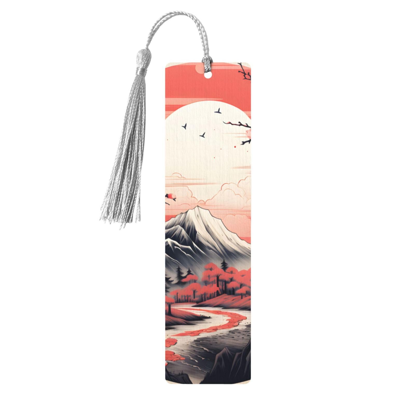 Japanese Fuji Bookmark Cherry Blossom Sun Wooden Bookmark with Tassel Book Mark for Women Men Reading Page Markers Gifts for Book Lovers — image 1