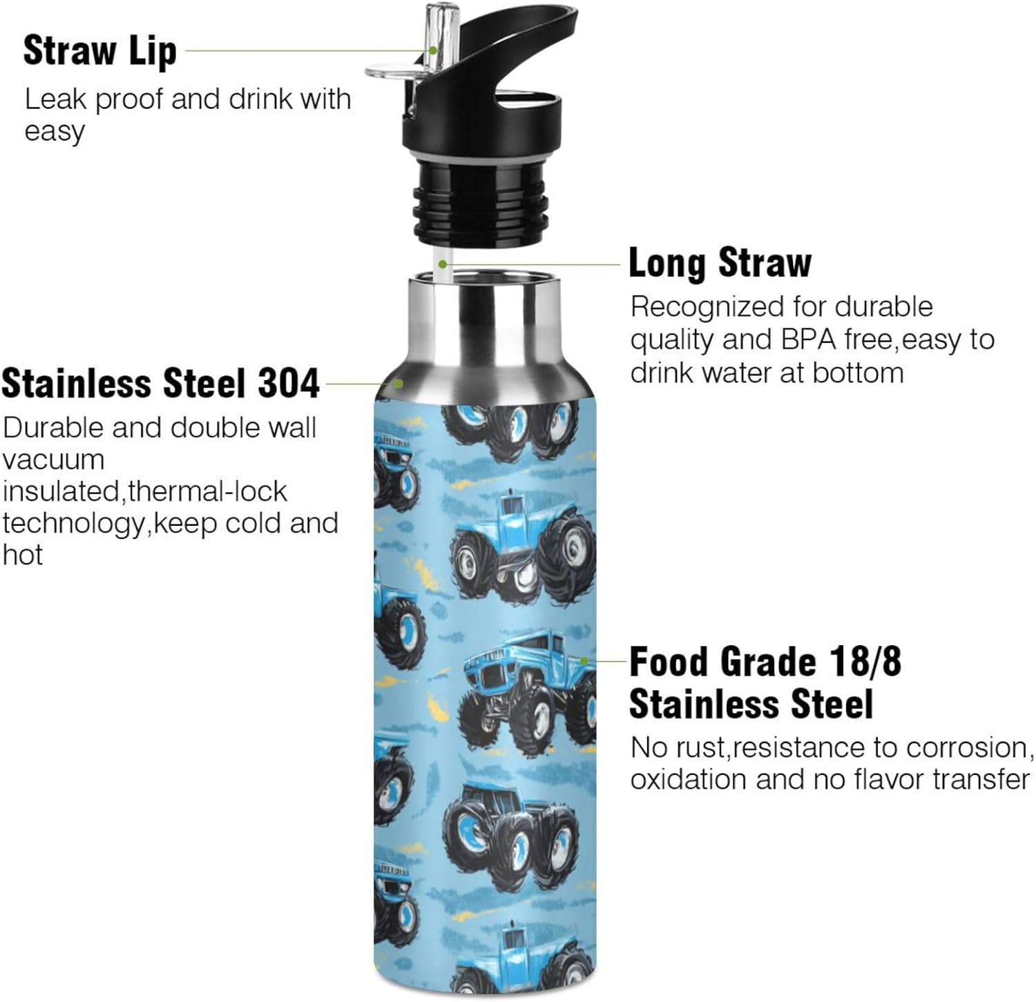 Monster Truck Water Bottle with Straw Lid Double Wall Car Bottle Vacuum Insulated Flask Stainless Steel Water Bottle for Gym Outdoor 20 OZ