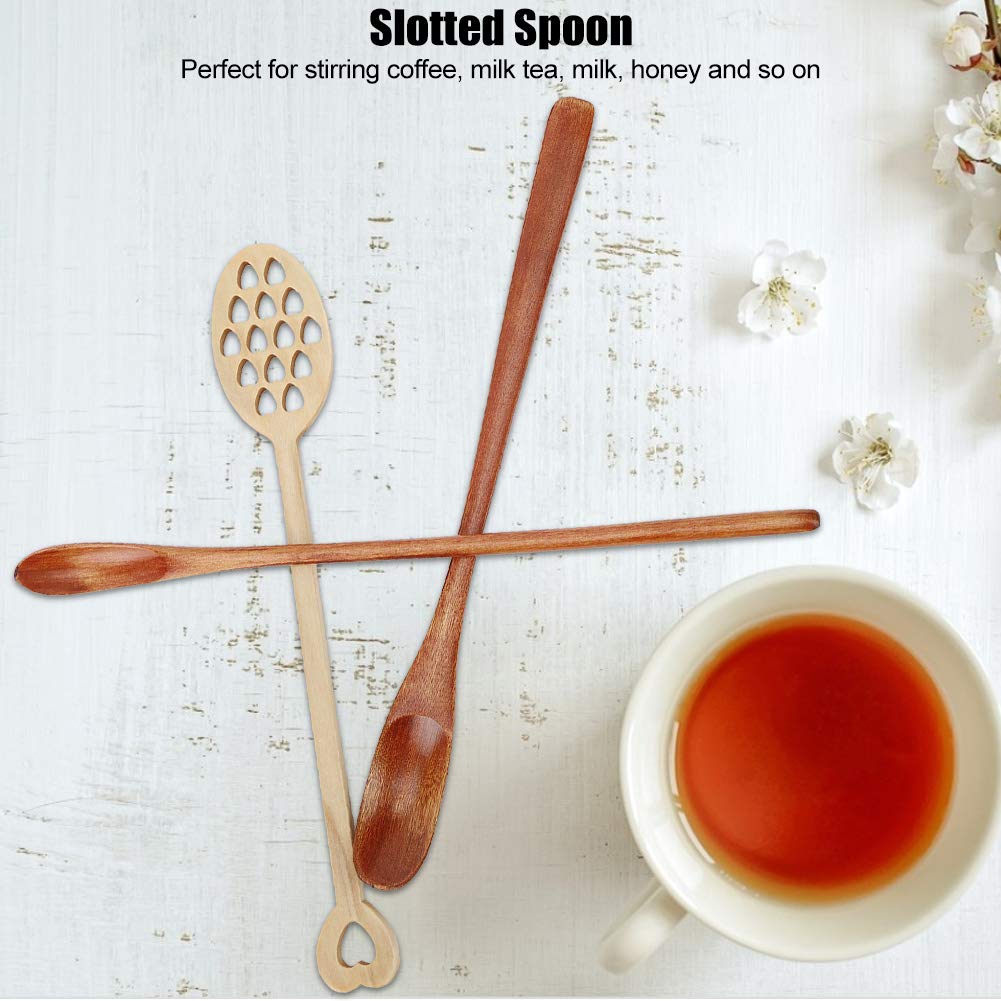 Wooden spoon set, Long Stirring Spoon Testing Spoon Slotted Spoon Mixing Spoon Coffee Spoon Tea Spoon Iced Tea Spoon Wooden Teaspoons for Honey, 3 Pcs