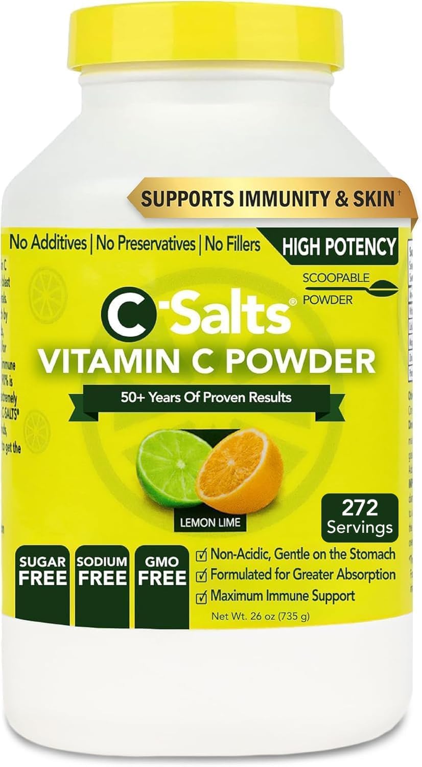 C-Salts Vitamin C Powder - 100% Pure Buffered Ascorbic Acid Powder for Daily Immune Support & Collagen Production - Stomach-Friendly Organic Vegan Non-GMO Sugar-Free - 272 Servings - Lemon Lime, 26oz
