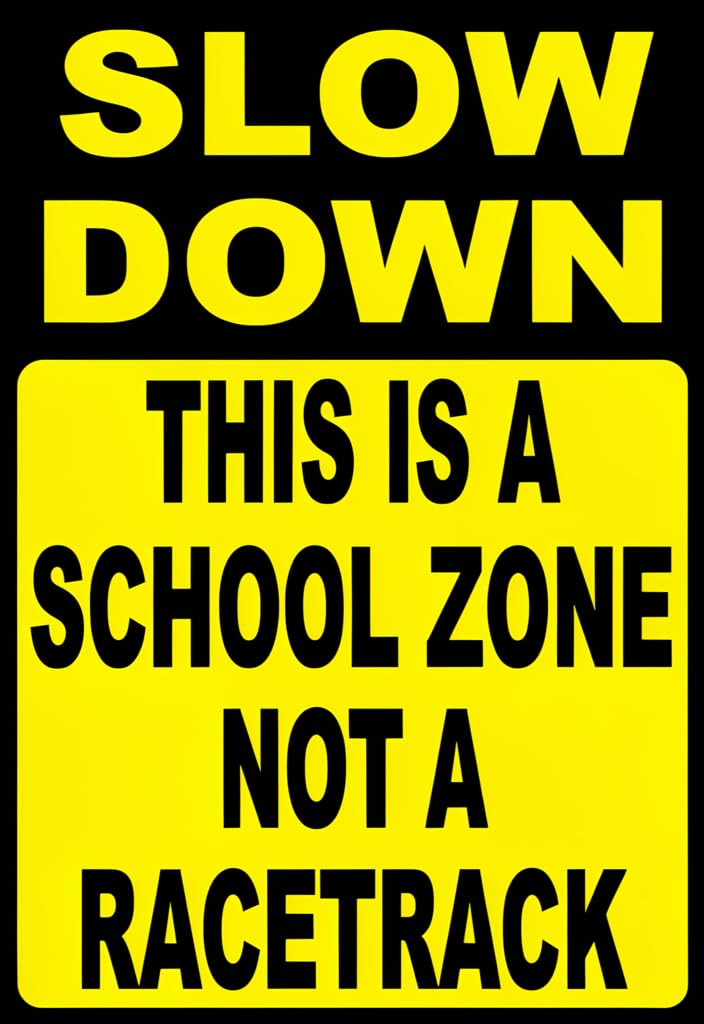 peiyeety 12x8 Inch Tin Metal Sign Slow Down This Is a School Zonea Racetrack Yellow & Black Safety Warning Plaque, Bold Road Sign Style Wall Decor for Garage, Driveway, Office, Gift Idea