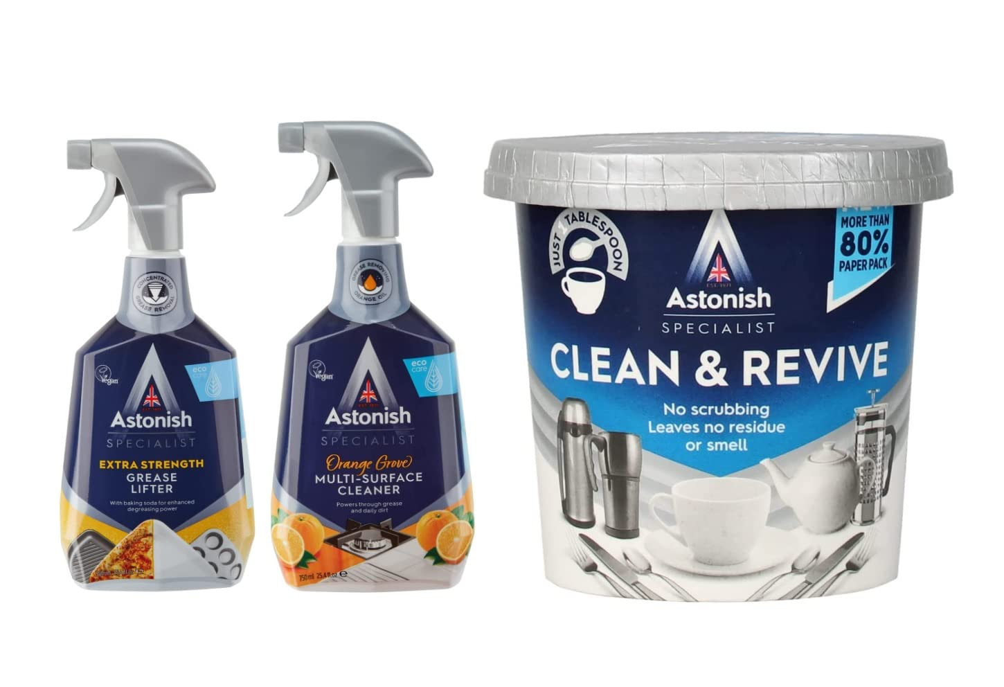 Astonish Specialist Kitchen Bundle -Includes Extra Strength Grease Lifter with Baking Soda, Multi Surface Cleaner (Orange Grove Scent) & Clean & Revive Foaming Powder For Coffee Mugs & Stainless Steel