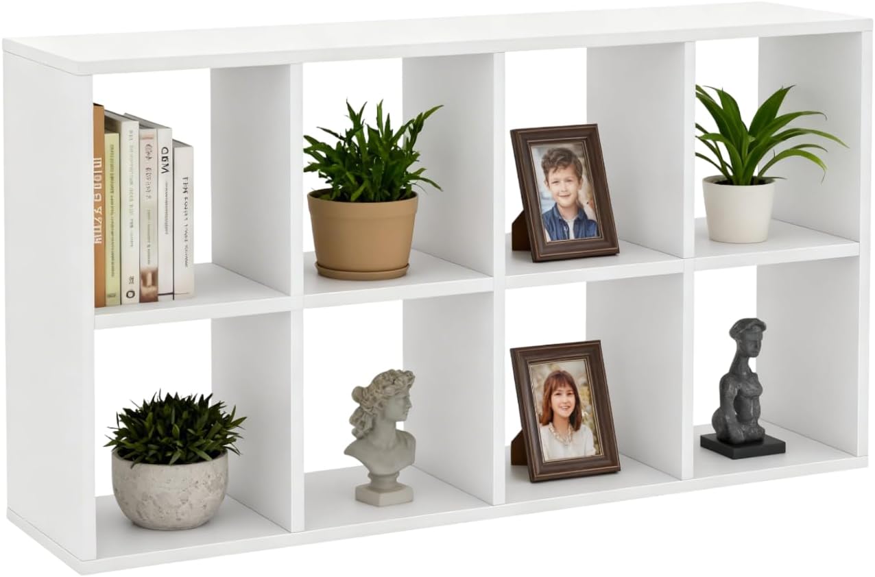 8-Cube Wooden Storage Shelf, Large Floor Bookshelf Organizer for Books, Décor, Office, Bedroom, Living Room, Modern Minimalist Cube Display Rack for Small Spaces White