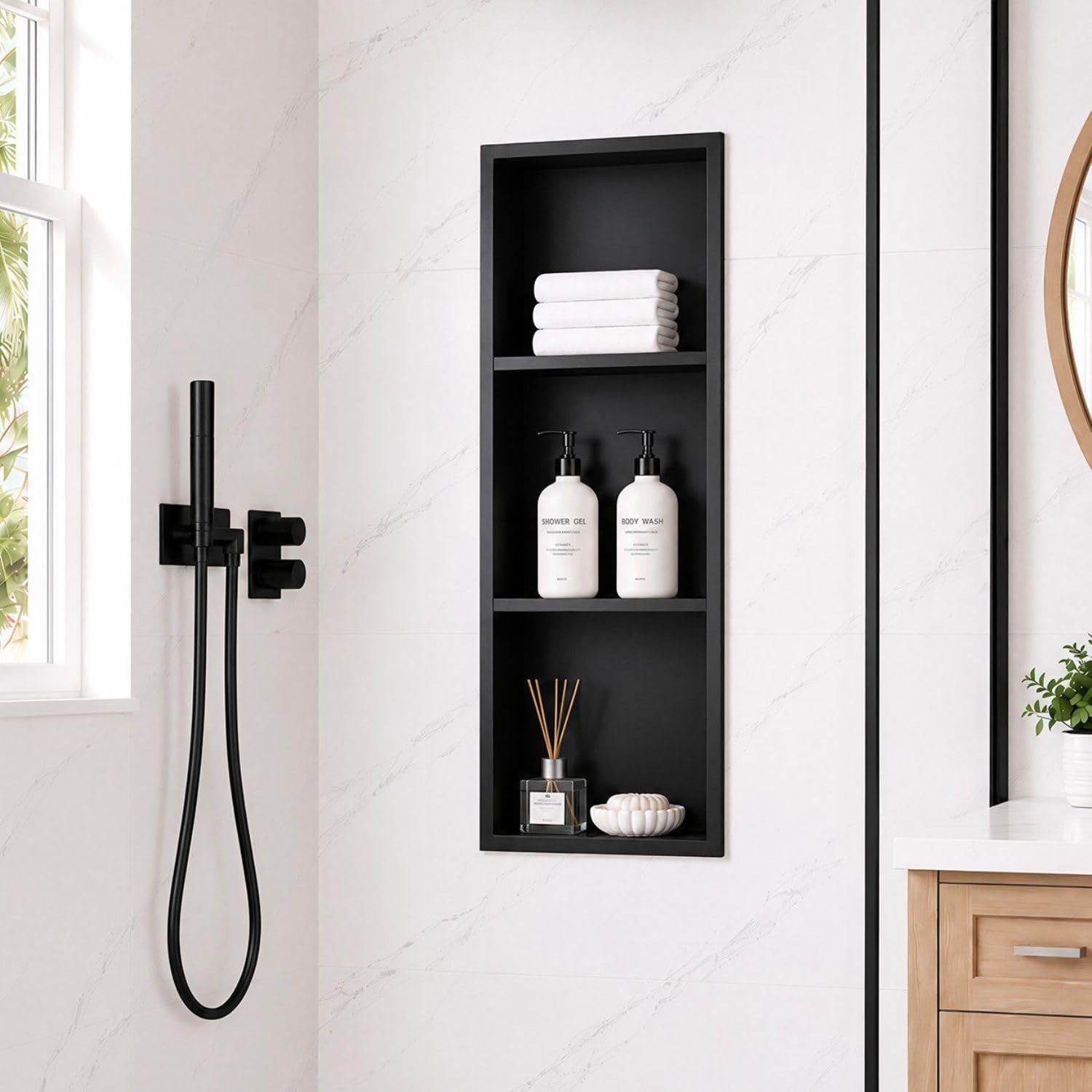 36 x 12 Inch Stainless Steel Shower Niche, 3-Tier Matte Black