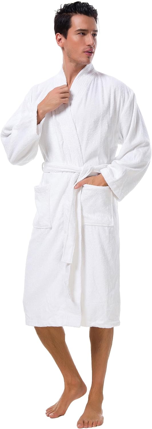 SIORO Men's Terry Cotton Robe, Absorbent Kimono Towel Bathrobe for Spa and Hotel, Soft Shower Calf Length Cloth with Pockets