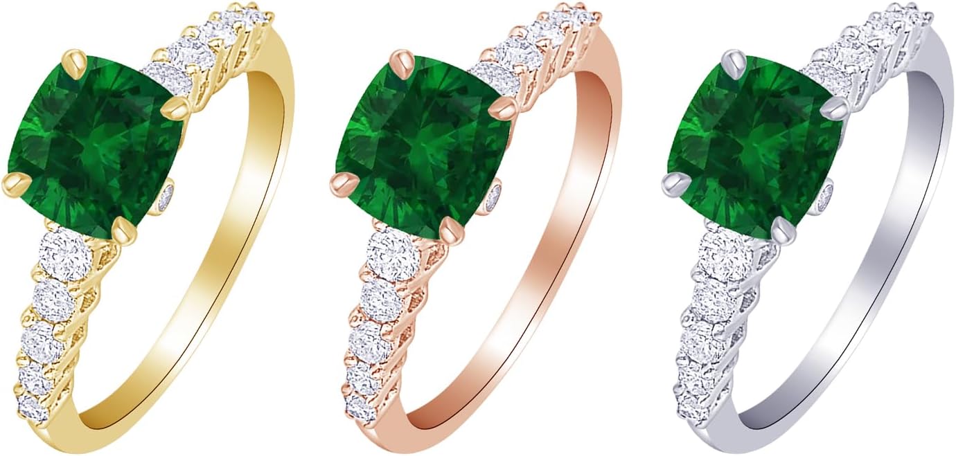 Houston Diamond District 0.95 Carat Classic Prong Set Side Stone Diamond Engagement Ring w/a 0.5 Carat Cushion Cut Green Emerald Heirloom Quality