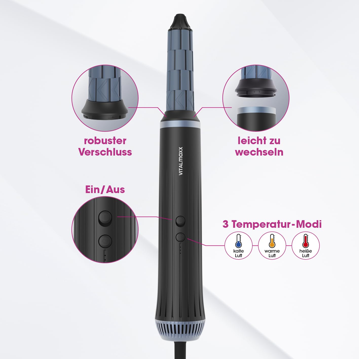 VITALmaxx Air Curler Plus 6-in-1 | Innovative Luftstrom-Technik | Multi-Styler mit Lockendreher, Haartrockner, Streichbürste & Diffusor - Trocknen, Stylen, Locken kreieren | 1500W [Schwarz]