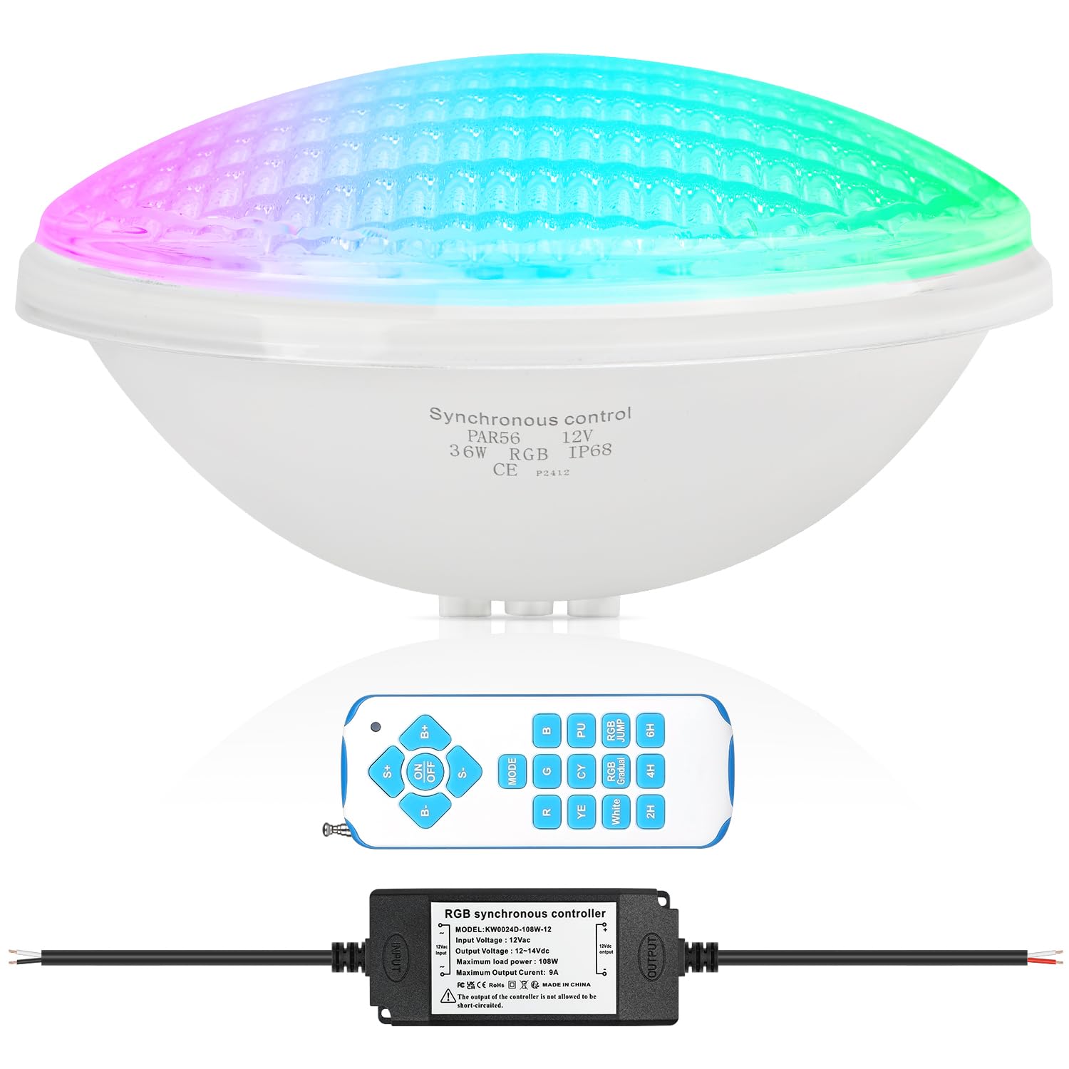 COOLWEST LED Piscina PAR56, Proyector Piscina RGBW Multicolor de 36W con Sincronizador Externo y Control Remoto IP68, AC 12V para Iluminación de Jardín