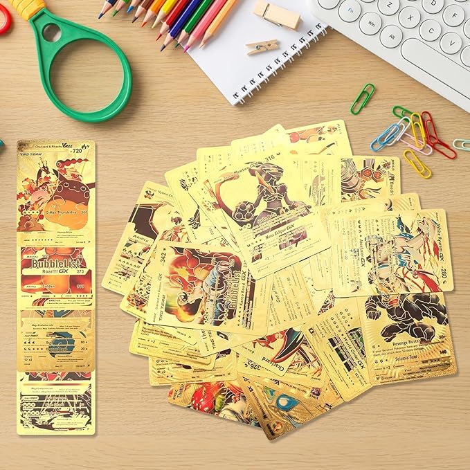 Douer Nuevo 25 Cartas Pok de Lamina con Alto Ataque, Version Español, Material de PVC, Cartas de Colección (Gold)