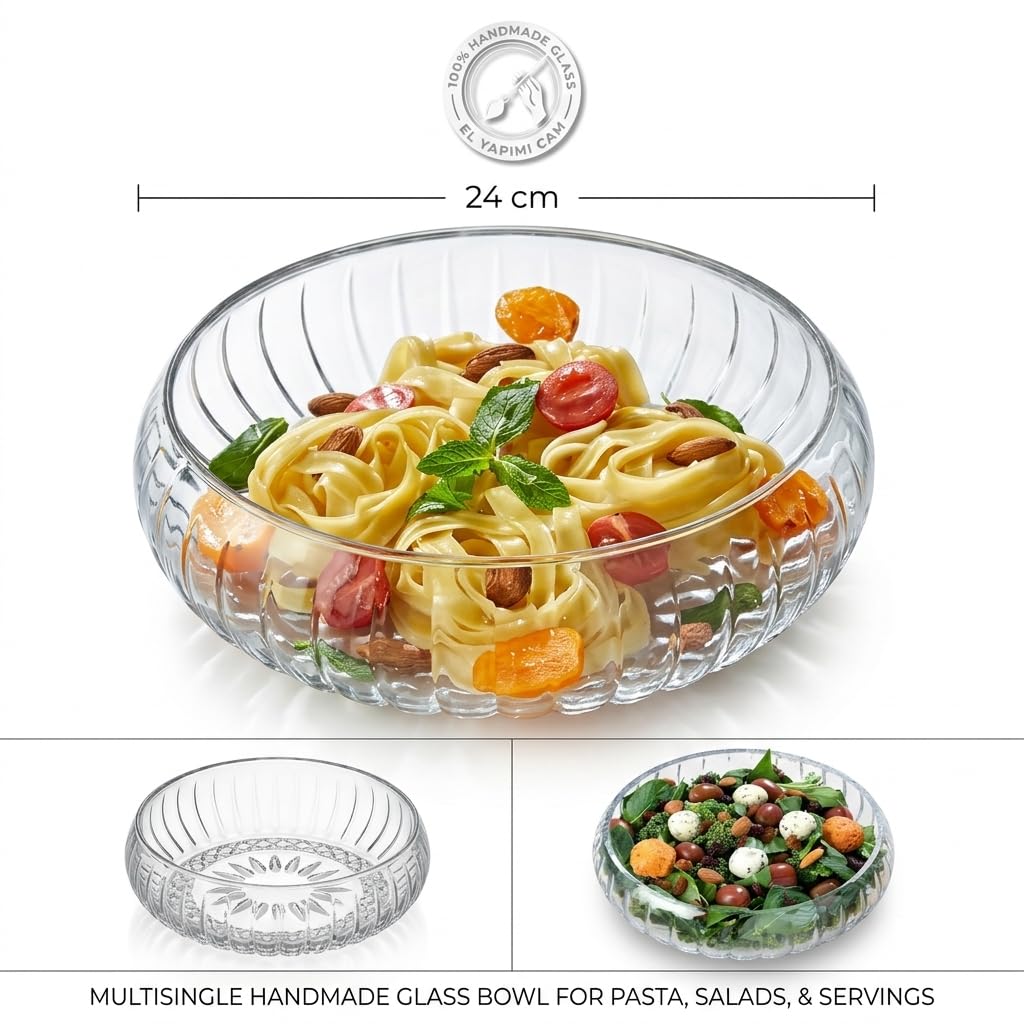 Deconox El Yapımı Büyük Boy Cam Salata Kasesi -%100 Üfleme Cam Sanatı Dekoratif Çerezlik ve Meyvelik - 24 cm
