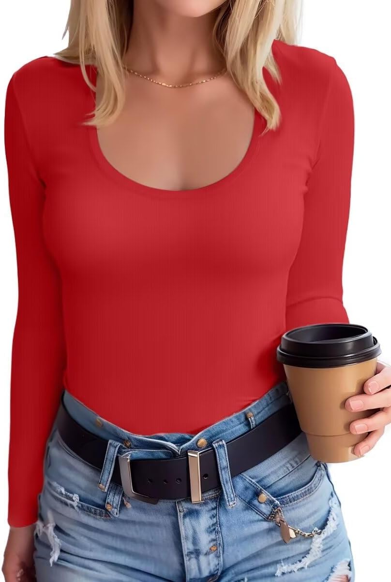 SANDERY Summer Women’s Scoop Neck Short Sleeve Shirts Ribbed Slim Fitted Casual Basic Top Blouses