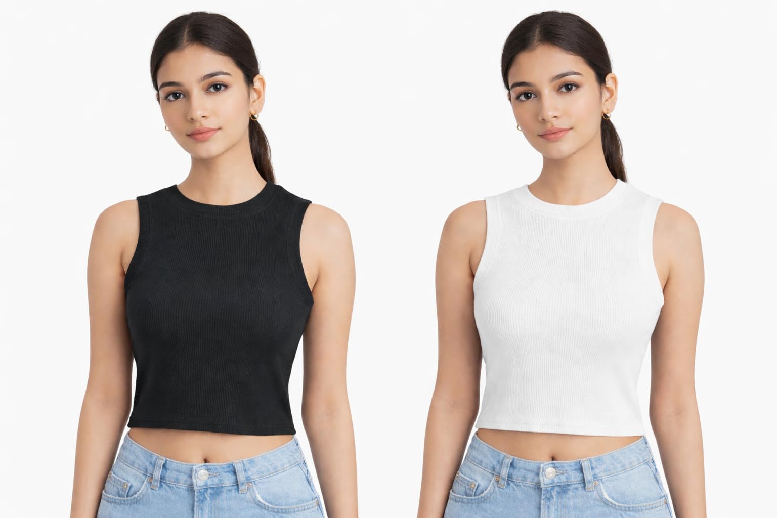 Women Ribbed Sleeveless Crop Top Combo (Black & White) | Stretchable Casual & Gym Wear (Pack of 2)-image-47