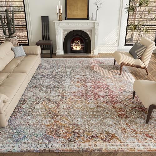 Vintage 8x10 Washable Area Rug, Low-Profile Large Area Rug with Non-Slip Backing & Durable Edge Binding, Pet-Friendly Carpet, Large Rug for Living Room, Bedroom, Dinning Room