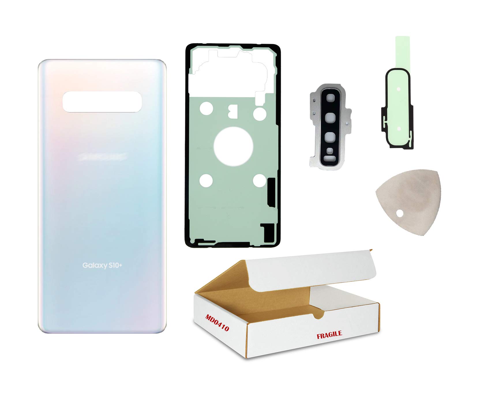 Replacement Compatible with Samsung Galaxy S10 Plus Model G975 S10+ Back Glass Door Housing Cover with Rear Camera Lens Cover and Opening Tool (Prism White)