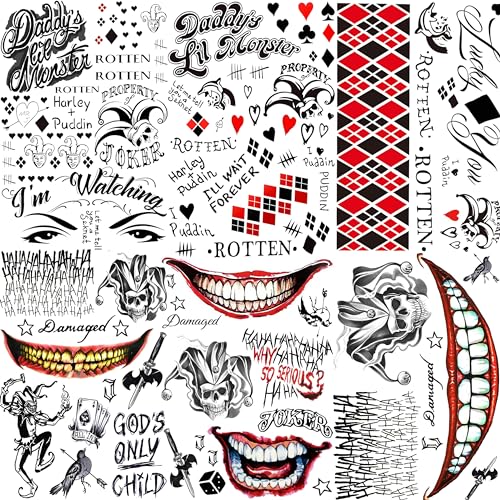 COKTAK 6 Sheets Tattoos Halloween Makeup Kit Cosplay Costume, HQ Clown Face Tattoos Stickers, Fake Hand Temporary Tattoos Halloween, Bulk Prisoner Inmate Rapper Gothic Tattoos Set